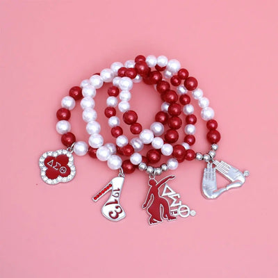 Delta Sigma Theta Red and White Pearl Charm Bracelets