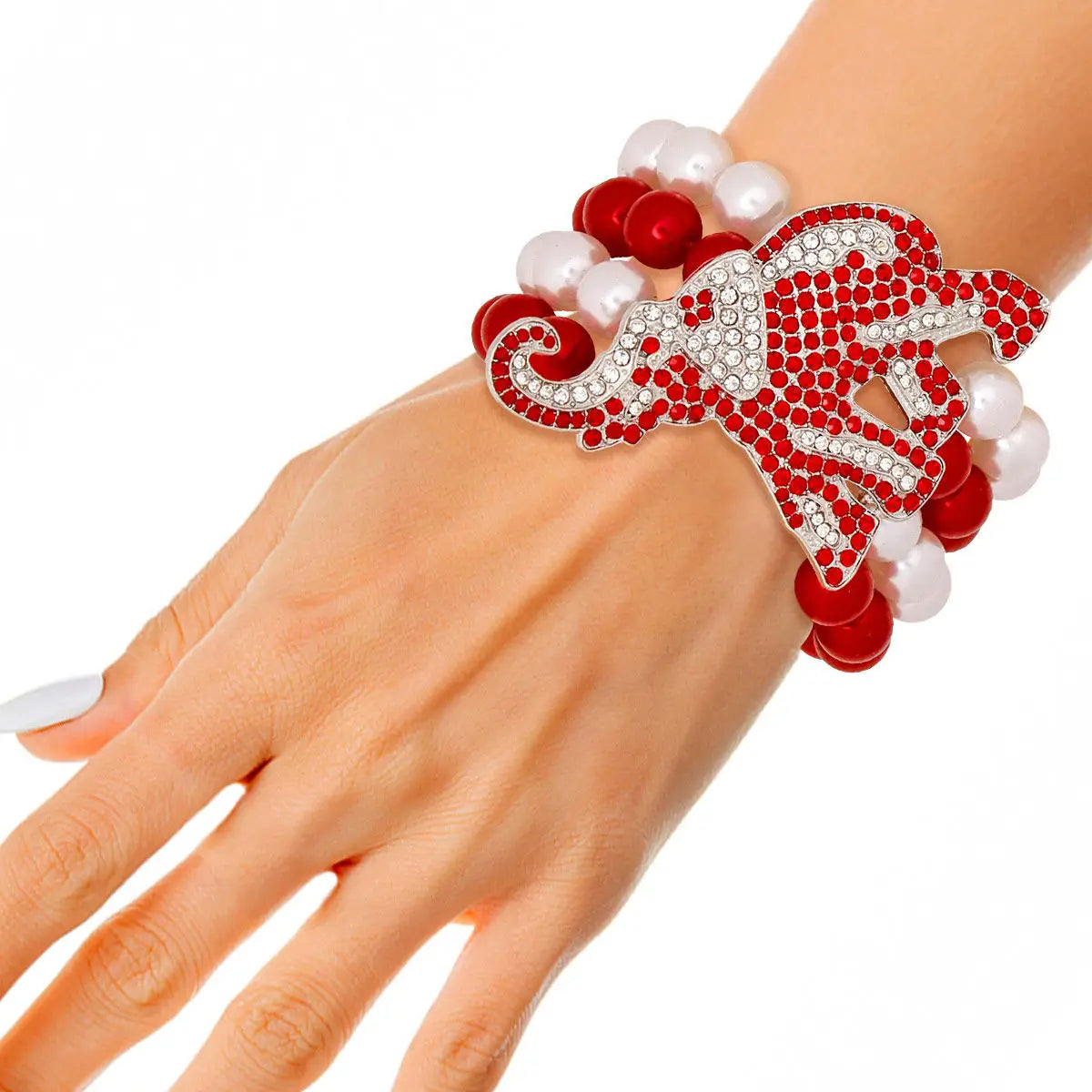 Dst Red White Pearl 4 Strand Elephant Bracelet