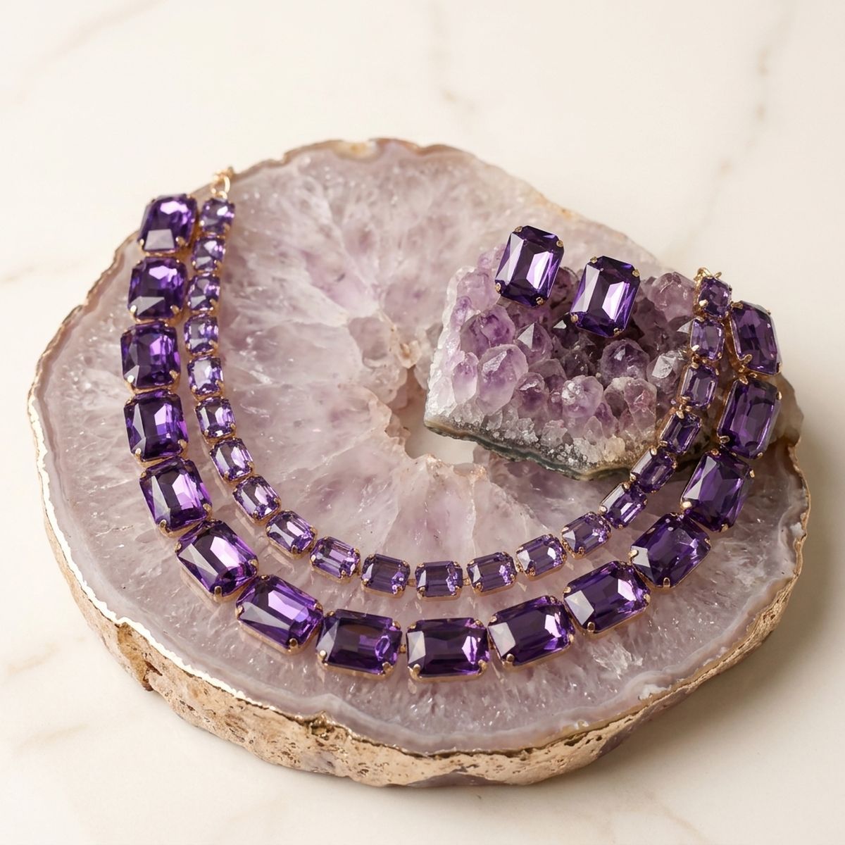 Lavender Emerald Cut Crystal 2 Row Necklace Set
