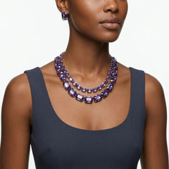 Lavender Emerald Cut Crystal 2 Row Necklace Set