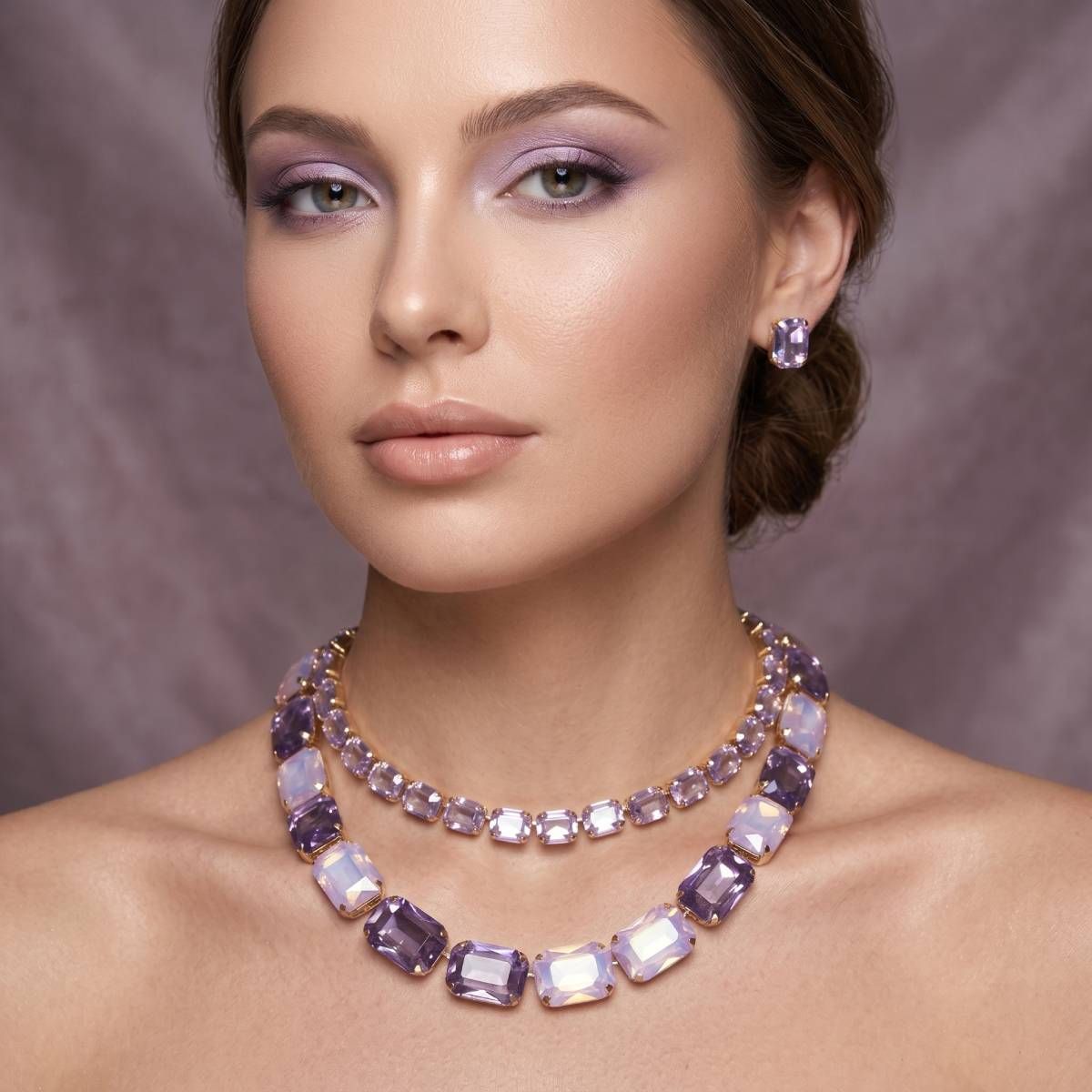 Lavender Emerald Cut Crystal 2 Row Necklace Set
