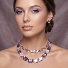 Lavender Emerald Cut Crystal 2 Row Necklace Set