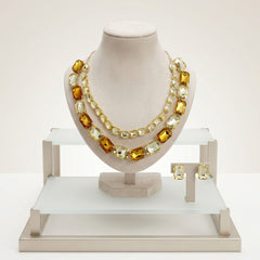 Yellow Emerald Cut Crystal 2 Row Necklace Set