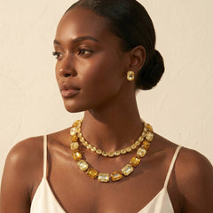 Yellow Emerald Cut Crystal 2 Row Necklace Set