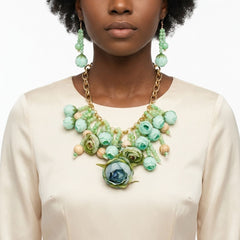 Green Floral Garden Fringe Statement Necklace