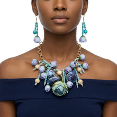 Turquoise Floral Garden Fringe Statement Necklace