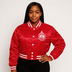DST Greek Apparel L Cropped Satin Varsity Jacket