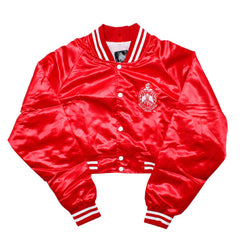 DST Greek Apparel S Cropped Satin Varsity Jacket