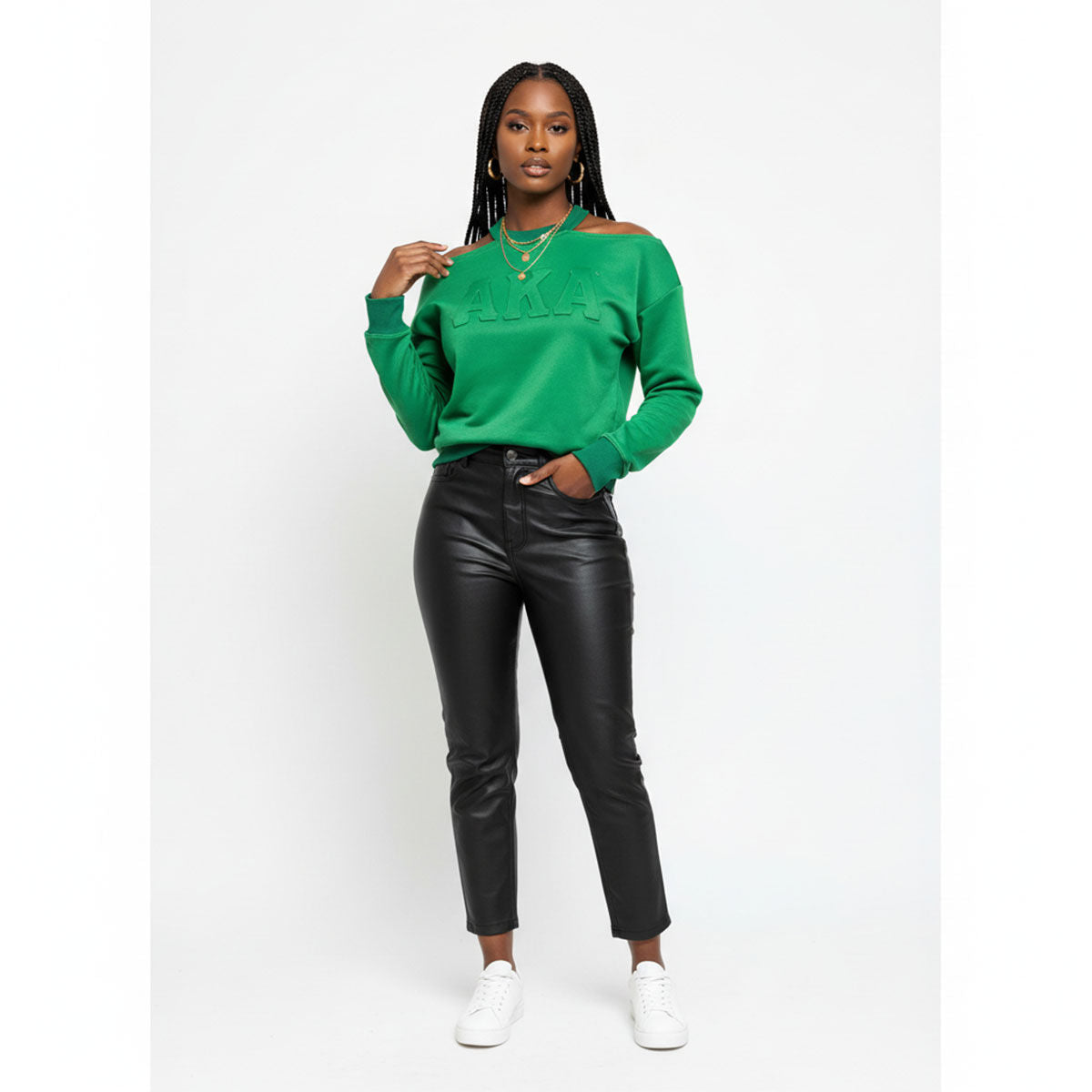 AKA Greek Merch L Green Cold Shoulder Sweatshirt