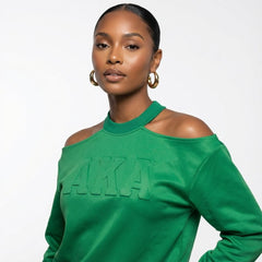 AKA Greek Merch L Green Cold Shoulder Sweatshirt