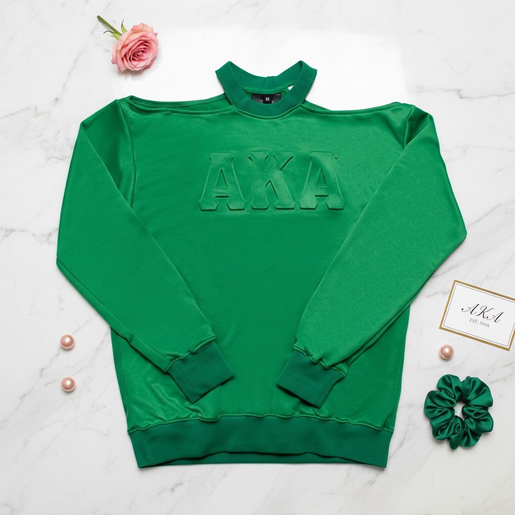 AKA Greek Merch L Green Cold Shoulder Sweatshirt