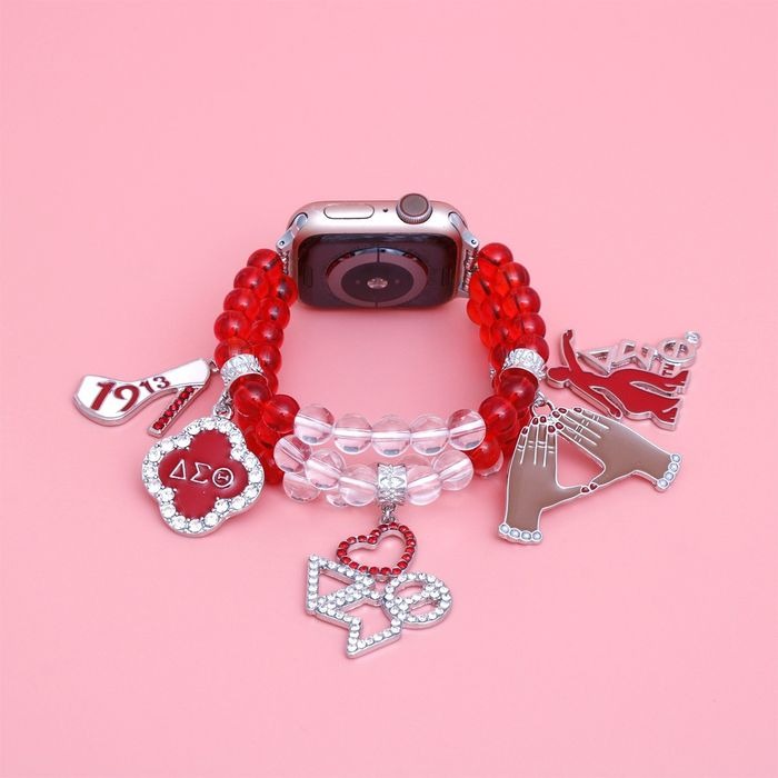 Delta Sigma Theta Red Clear Glass Bead Charm Watch Band
