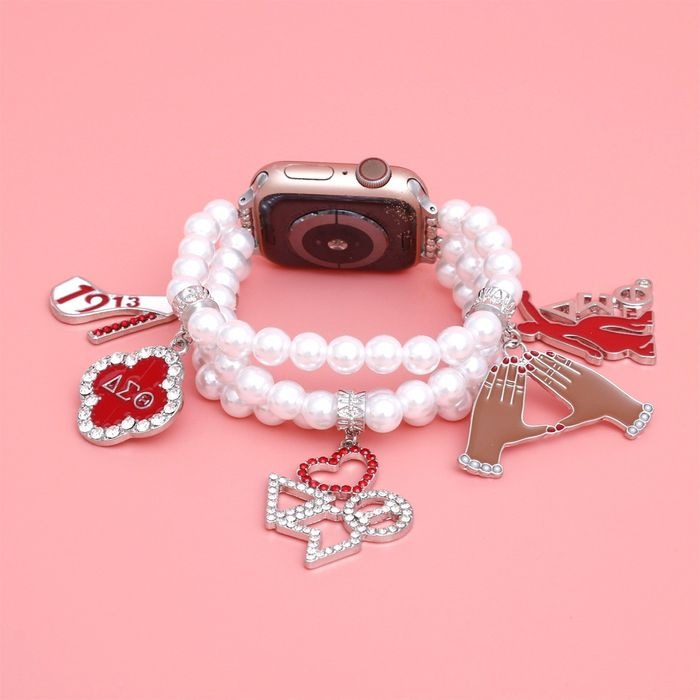 Delta Sigma Theta Red Clear Glass Bead Charm Watch Band White